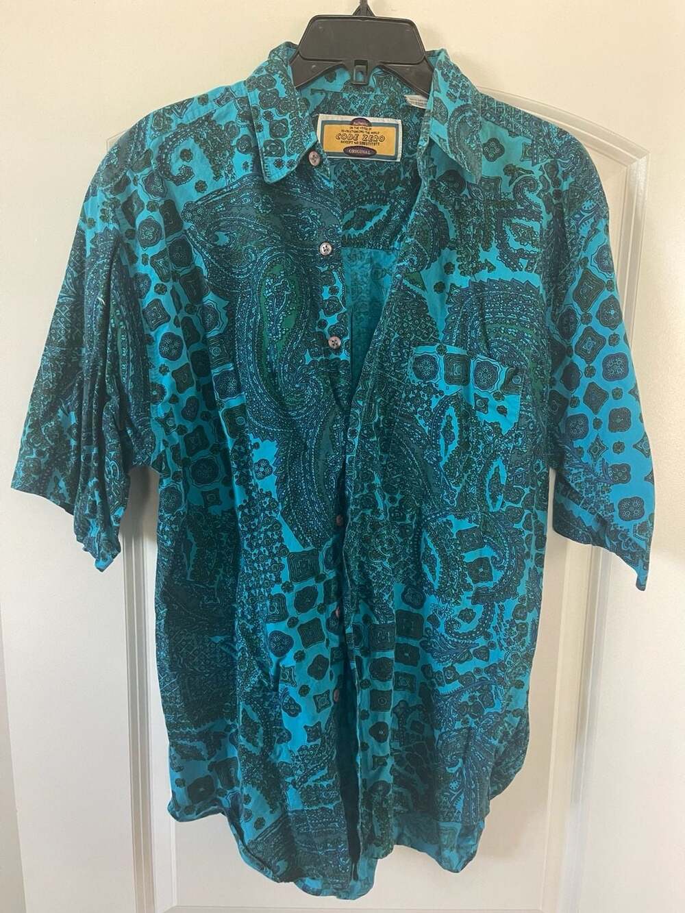 Code Zero Button Down Short Sleeve Shirt Teal Blue Paisley Print